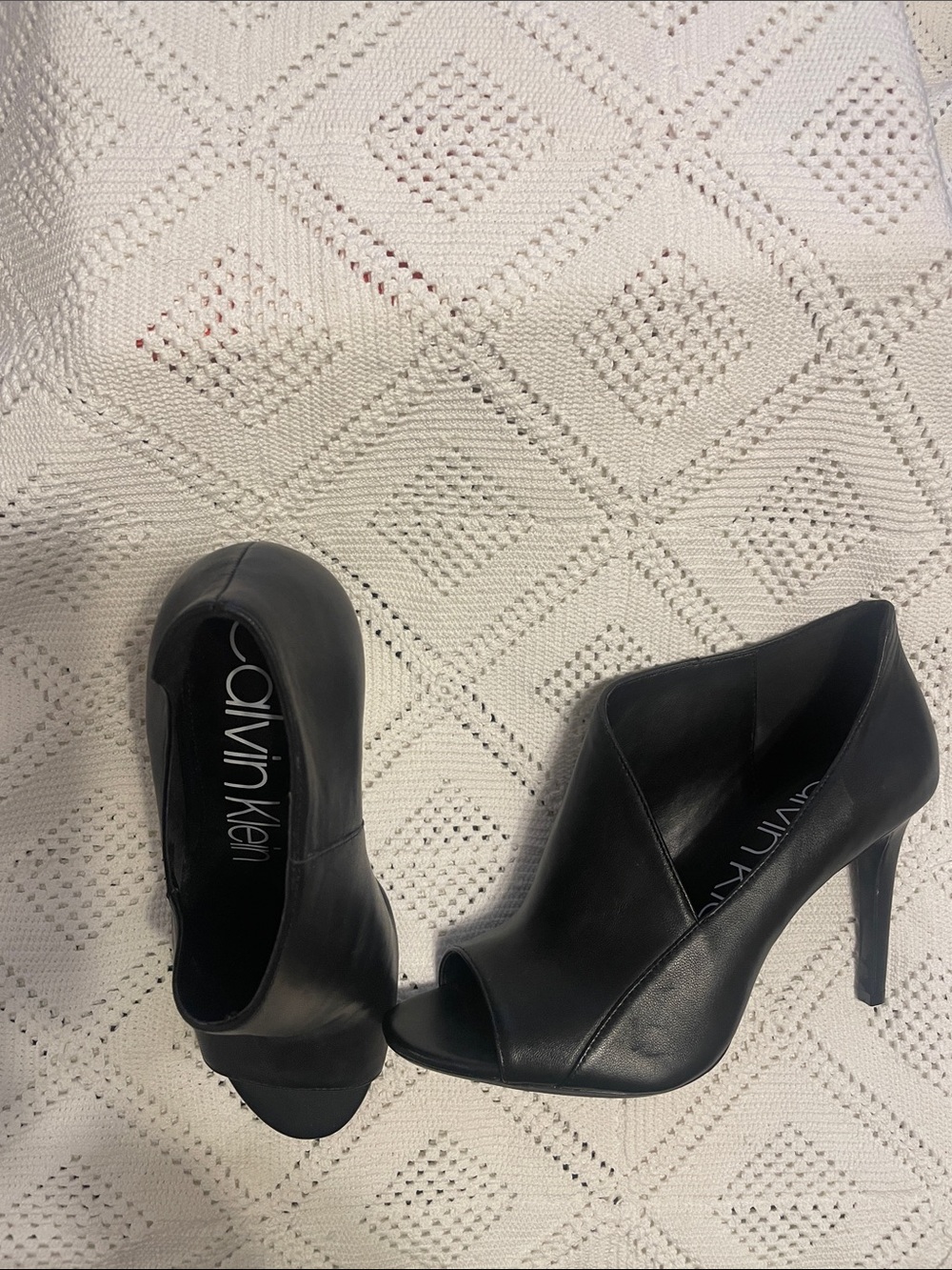 Calvin Klein Black Leather Peep-Toe Stiletto Booties